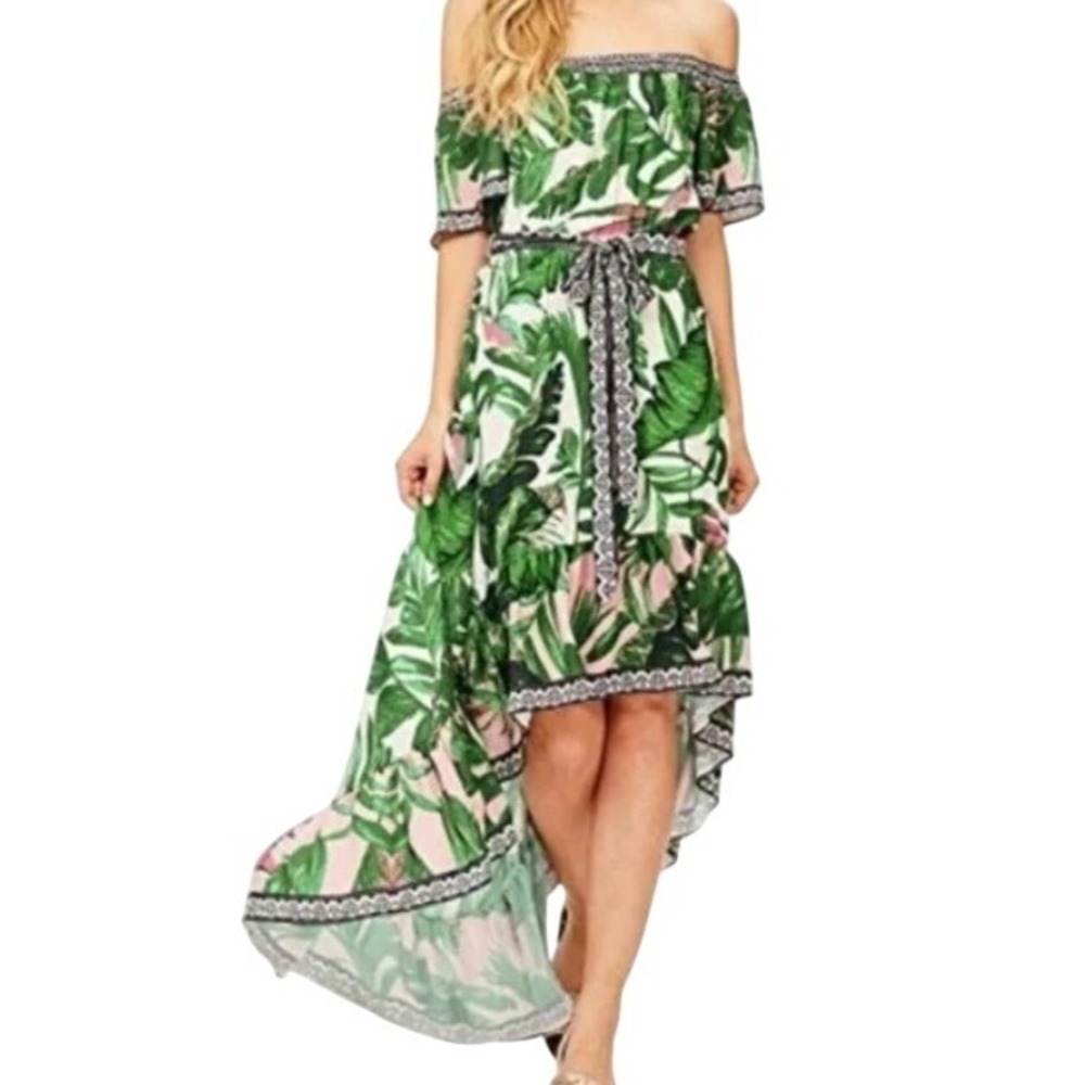 Flying Tomato Green and Pink Palm Leaf Print High Low Off/On Shoulder Size M